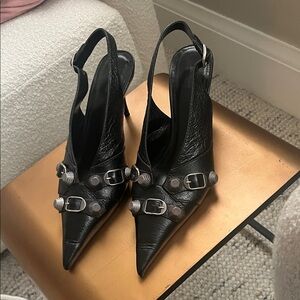 Balenciaga Black Buckle Slingback Heels